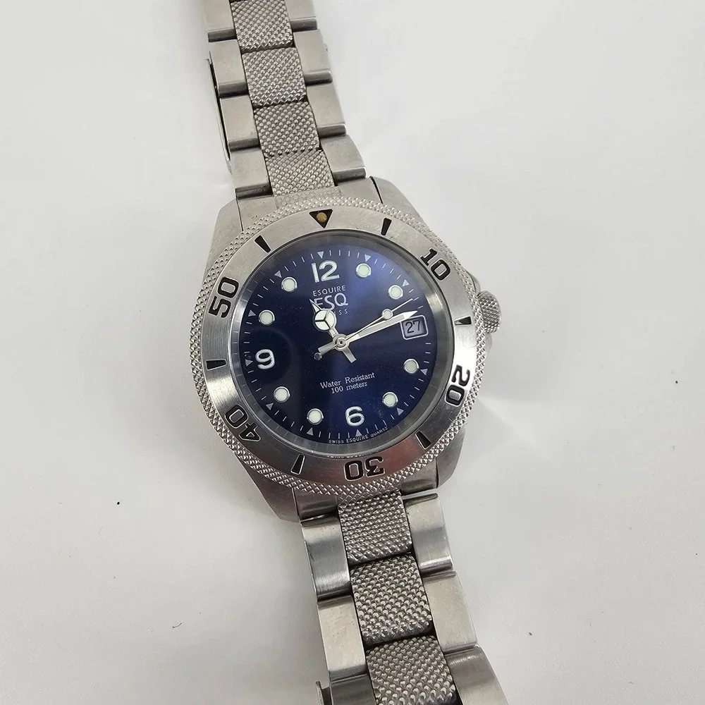 ESQ Movado Mens Watch E5067 Silver Blue Dial Stainless Steel Diver Quartz 40mm